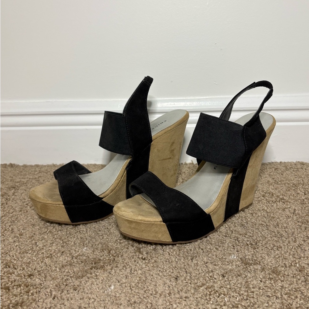 Chinese Laundry Black Suede & Tan Platform Wedge Sandals